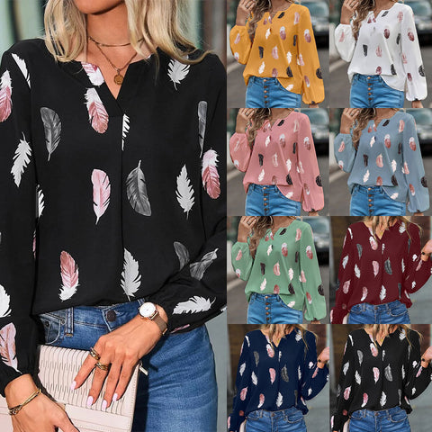 Women's New V-neck Feather Print Long Sleeve T-Shirt