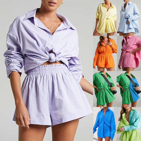 A-Z women's new fashion color matching single breasted shirt elastic shorts two-piece set
