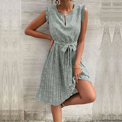 Women's new lace up pleated green floral dress