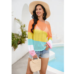 Women's new color blocking cut-out knitted sunscreen shirt