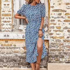 Women's new split floral blue dress