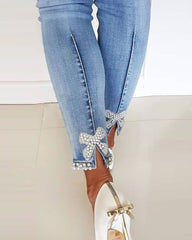 A-Z Women's New Slim Fit Show Legs Long Butterfly Sticky Flower Studded Jeans Pencil Pants Split Small Feet Pants