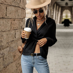 Women's New Fashion Style Black Long Sleeve V-Neck T-Shirt