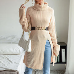 Women's New Solid Split Long Sleeve High Neck Woolen Dress