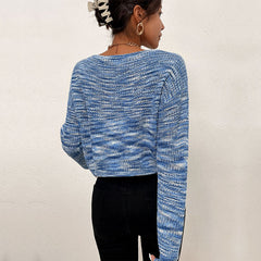 Women's new blue long-sleeved V-neck sweater