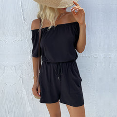 Women's New Black Off Shoulder Short Sleeve Off Shoulder Jumpsuit