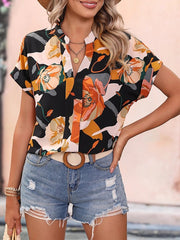 A-Z Women's New Fashion Painted Flower Print V-neck Short Sleeve Women's Top