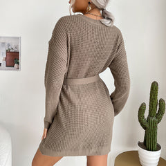 Women's New Lace Up Solid Color Long Sleeve Woolen Dress