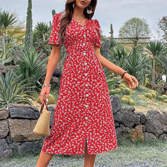 Fashion women's floral split mid length dress