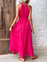 Women's New Rose Red Hanging Neck Irregular Style Long Dress