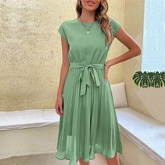 Women's new lace up solid pleated dress