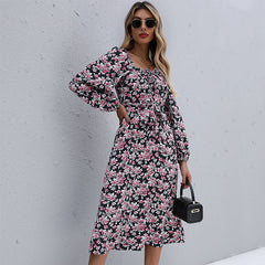 Women's Fashion Print Open Back Square Neck Dress