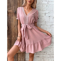 Women's new V-neck lantern sleeve polka dot waist dress