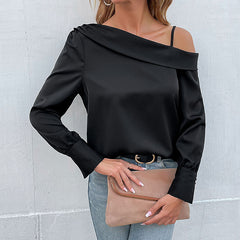 Women's New Irregular Black Off Shoulder Long Sleeve Shirt