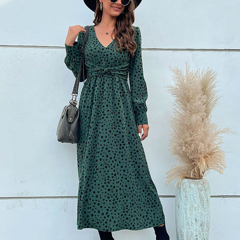 Women's New Green Long Sleeve Leopard Print Long Dress