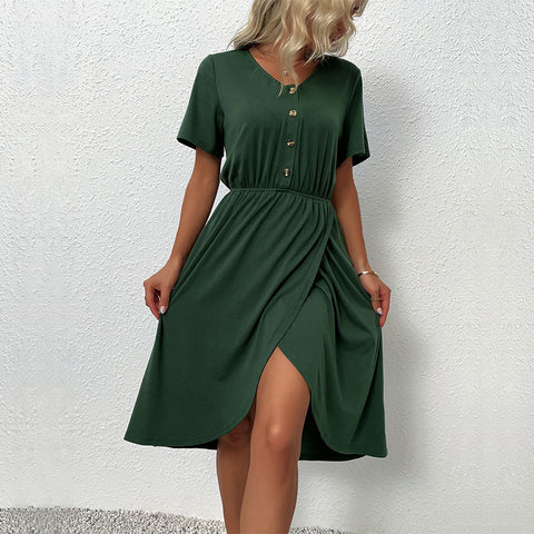 Women's waistband V-neck solid color split dress