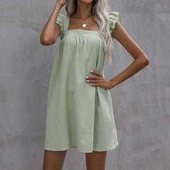 Women's New Loose Ruffle Solid Cotton Hemp Dress