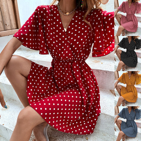 Women's new V-neck polka dot waistband summer dress
