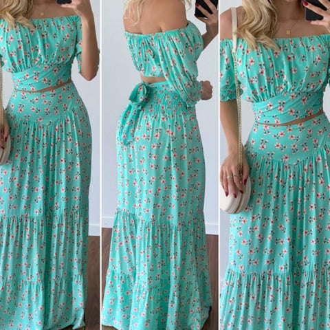 A-Z Women's New Off Shoulder Printed Short Top Casual Long Dress Two Piece Set