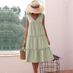 Women's new green cotton linen loose fitting dress