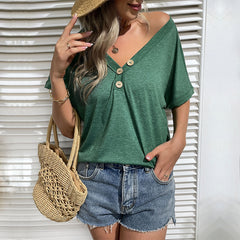 Women's new green V-neck short sleeve T-shirt