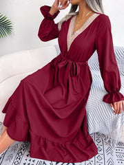 Women's New Style V-Neck Lace Waist Ruffle Edge Long Dress