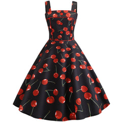 A-Z Women's New Style Strap Single breasted Decorative Cherry Print Large Swing Skirt