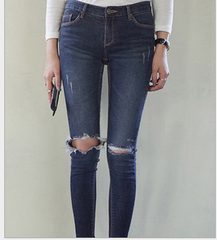Knee hole jeans thin pencil pants
