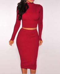 High-necked long-sleeved Luyao Slim package hip mini skirt two-piece dress high quality