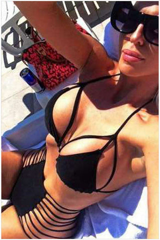 BLACK BIKINI TWO-PIECE HOLLOW OUT HIGH WAIST