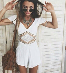 V-NECK SEXY BACKLESS WHITE LACE SHORT-SLEEVED CONJOINED SKIRTS PANTS ROMPER