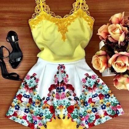 ON SALE LACE YELLOW SKIRT CONDOLE BELT SPLICING FLOWER PETALS IN EUROPE AND THE DRESS SLEEVELESS SKIRT