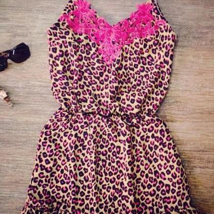 ON SALE SEXY CONDOLE BELT RED LACE COLLAR LEOPARD PRINT DRESS