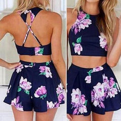 NAVY PRINTED SHORT CHINESE-STYLE CHEST COVERING TYPE BACKLESS TOP SPORT SUIT TWO-PIECE OUTFIT