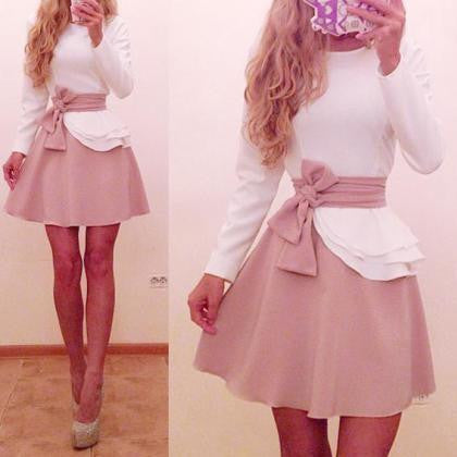 COLOR MATCHING BOW LONG-SLEEVED DRESS
