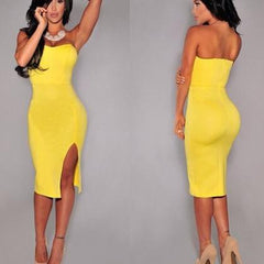 STRAPLESS OPEN FORK PURE COLOR SHOW BODY DRESS