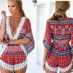 PRINTING V-NECK SEXY LONG SLEEVES CONJOINED SHORTS ROMPER