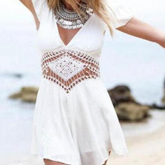 V-NECK SEXY BACKLESS WHITE LACE SHORT-SLEEVED CONJOINED SKIRTS PANTS ROMPER