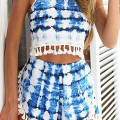 TASSEL PRINTING CASUAL SEXY TWO SUIT SHORTS BACKLESS MIDRIFF