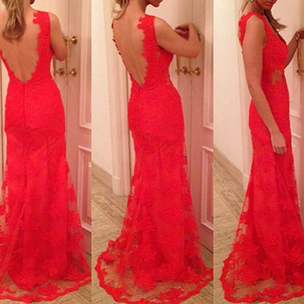 FASHION HOT RED LACE LONG DEEP V DRESS