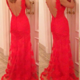 FASHION HOT RED LACE LONG DEEP V DRESS