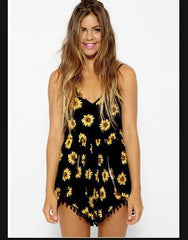 SEXY DESIGN SIDE KIDNEYS SUNFLOWER PRINTING CONJOINED SHORTS PLAY SUIT