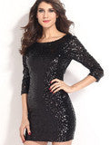 BLACK BACKLESS 3/4 SLEEVE SEQUINS DRESS