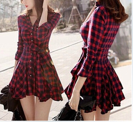 SLIM PLAID LONG-SLEEVED DRESS