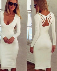 ON SALE PURE COLOR LONG SLEEVE V-NECK SEXY BACKLESS LOW-CUT DRESS