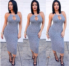 GREY HOLLOW OUT SEXY SHOW BODY DRESS