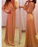 FASHION PURE COLOR LONG SLEEVE BOW DRESS