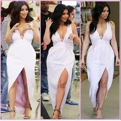 IRREGULAR WHITE V-NECK SEXY DRESS