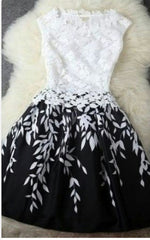 BLACK AND WHITE CONTRAST COLOR LEAF BUD SILK DRESS A-LINE SKIRT DRESS