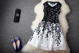 BLACK AND WHITE CONTRAST COLOR LEAF BUD SILK DRESS A-LINE SKIRT DRESS